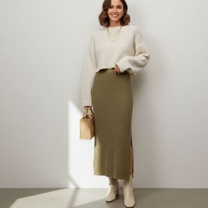 Miou Muse Knit Maxi Sweater Skirt Khaki Quiet Luxury Preppy Women sz Medium